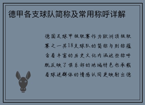 德甲各支球队简称及常用称呼详解
